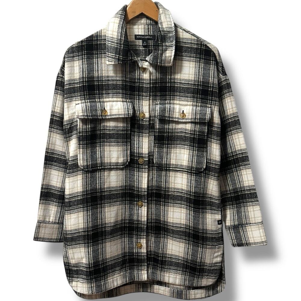 Banana Republic Plaid Wool Blend Shacket Oversized Cream Black Women's XS Fall